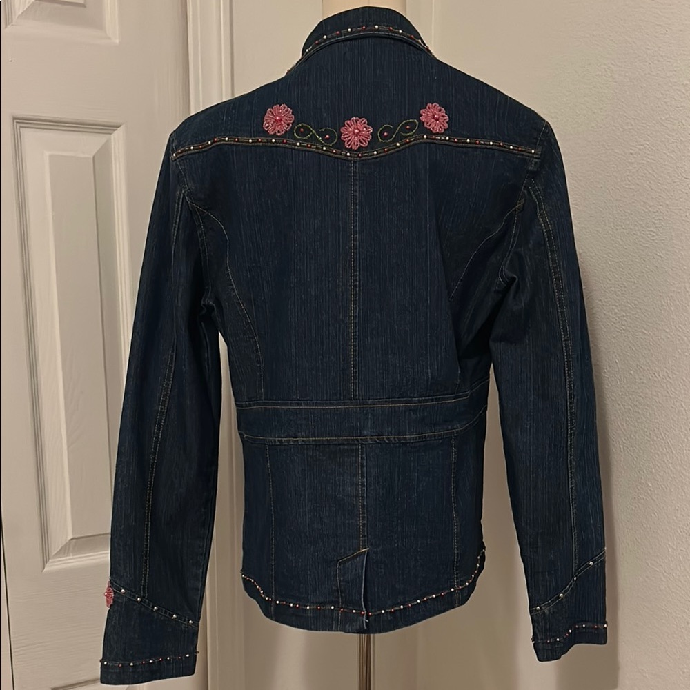 Embroidered Denim Jacket - Pink Floral Accents